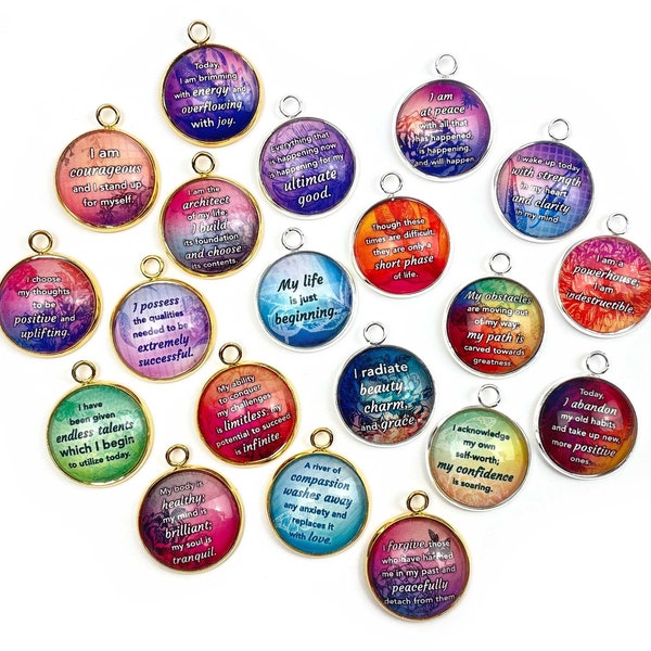 Positive Affirmations Colorful Charms - Forgive, Strength, Courage - Wholesale Bulk Glass Designer Charm Sets for Jewelry Making - 20mm