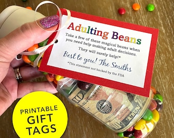 Adulting Beans Gift Tag – DIY Candy Craft Gift for Graduation, New Job, 18th Birthday, Fun! - Color Digital Download Printable PDF