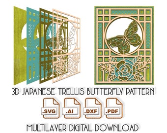 3D Multilayer Japanese Trellis Butterfly and Peony stackable design, digital files, laser cutting, engraving & etching machines; Cricut SVG