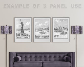 Triptych New York port with Statue of Liberty, antique illustration from 1898 for DIY home decor