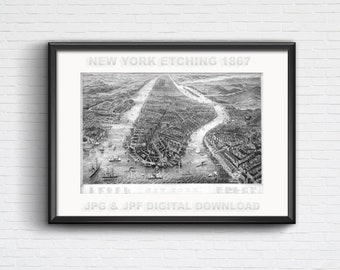 New York City and surrounding areas, antique illustration from 1867 for DIY home decor prints