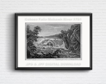 Cohoes Falls, Mohawk River, antique etching illustration from 1761 for DIY home decor prints