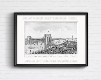 New York bay and port with suspension bridge connecting it to Brooklyn, Statue of Liberty, antique illustration from 1892 for DIY home decor