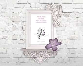 Gothic Vertical Frame Mock-up with Smart Object PSD, frame with sleeping angel corner staged on off-white brick wall stonework background