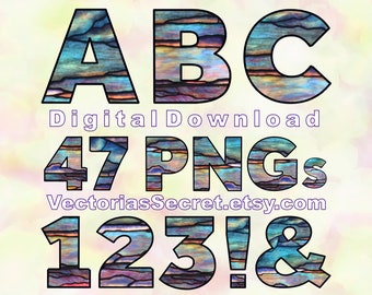 Stained Glass Alphabet, A-Z Set incl. nr. & punctuation (47 PNGs), Tiffany glass, cardmaking, invitations, posters, labels, junk journaling