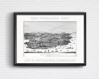 San Francisco Bay with sailing ships, birds eye view antique illustration from 1864 for DIY home decor prints