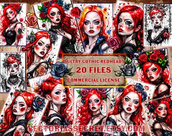 Sultry Goth Redheads clipart, Watercolour Gothic imagery, Gothic Fashion downloads, Printable clipart, Gothic Poster Art Download