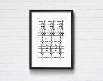 Frank Lloyd Wright Art Deco abstract geometric print in black and white from House Beautiful. Vector PDF illustration for DIY home decor