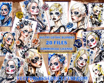 Sultry Goth Blonde Babes clipart, Watercolour Gothic imagery, Gothic Fashion downloads, Printable clipart,  Gothic Poster Art Download