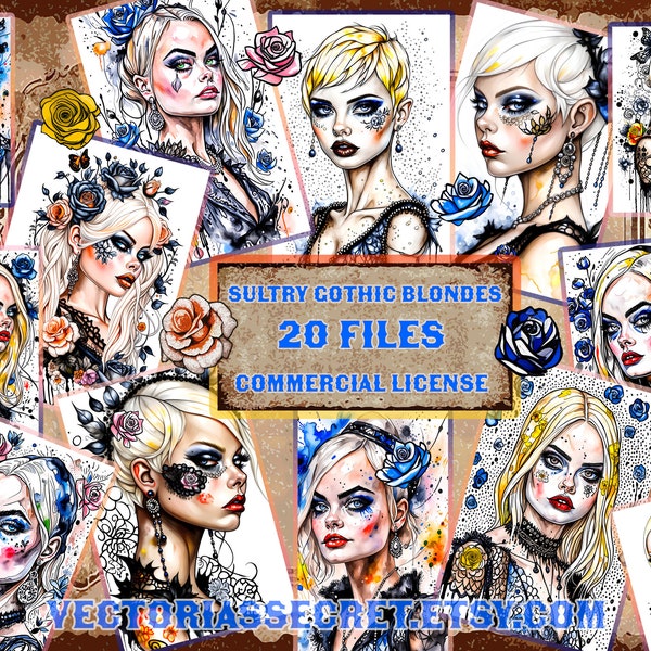 Sultry Goth Blonde Babes clipart, Watercolour Gothic imagery, Gothic Fashion downloads, Printable clipart,  Gothic Poster Art Download