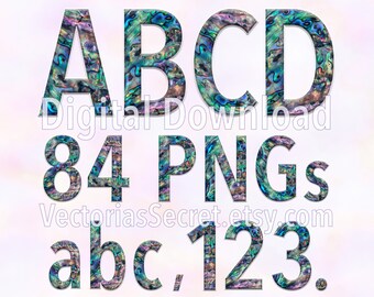 Abalone-alfabet PNG: iriserend holografisch lettertype (84 bestanden) digitale download