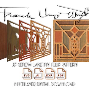 3D-meerlaagse Frank Lloyd Wright's Geneva Lake Tulip glas-in-lood digitale bestanden, lasersnij-, graveer- en etsmachines; Cricut-SVG