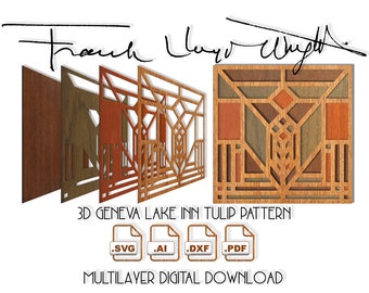 3D Multilayer Frank Lloyd Wright's Geneva Lake Tulip stained glass digital files, laser cutting, engraving & etching machines; Cricut SVG