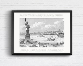 New York port with Statue of Liberty, antique illustration from 1898 for DIY home decor