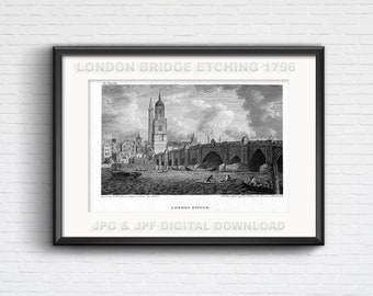 London Bridge over the River Thames, with Church of St Magnus, Travel Poster, antique etched illustration from 1796 for DIY home decor