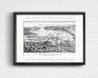 New York port with Statue of Liberty, antique illustration from 1892 for DIY home decor