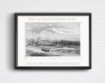 Rough seas in Wodowara Bay, Japan, antique etching illustration from 1856 for DIY home decor prints