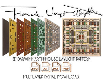 3D Multilayer Frank Lloyd Wright Martin House Laylight stained glass digital files, laser cutting, engraving & etching machines; Cricut SVG