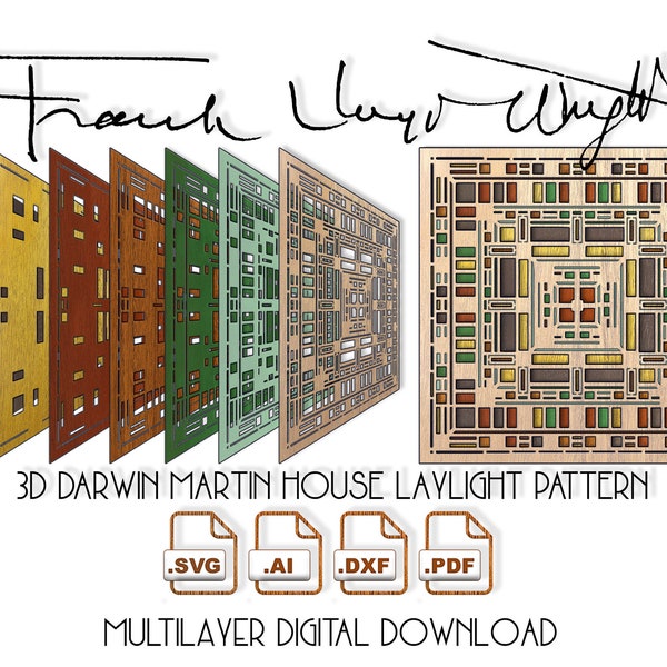 3D Multilayer Frank Lloyd Wright Martin House Laylight stained glass digital files, laser cutting, engraving & etching machines; Cricut SVG