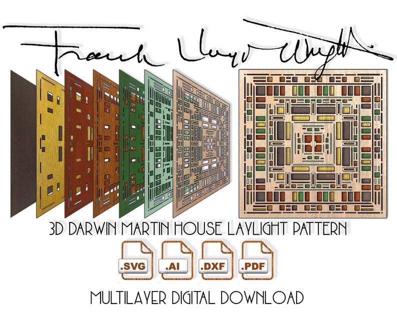 3D Multilayer Frank Lloyd Wright Martin House Laylight stained glass digital files, laser cutting, engraving & etching machines Cricut SVG image 1