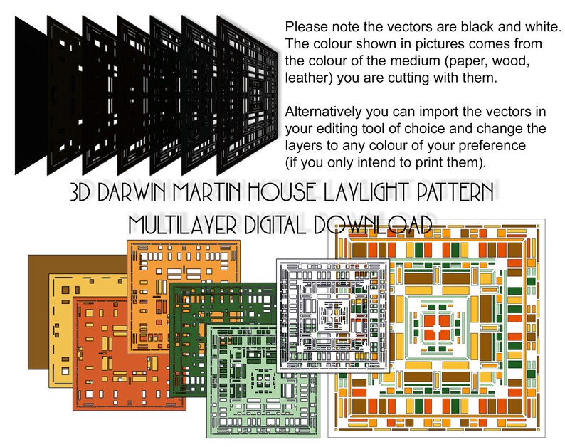 3D Multilayer Frank Lloyd Wright Martin House Laylight stained glass digital files, laser cutting, engraving & etching machines Cricut SVG image 2