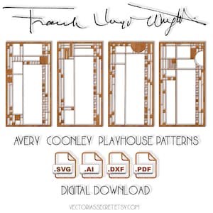 Könnte beinhalten: Vier digitale Download-Muster für ein Holzspielhaus, entworfen von Frank Lloyd Wright. Die Muster sind in den Formaten SVG, AI, DXF und PDF. Avery Coonley Playhouse Patterns. Digitaler Download.