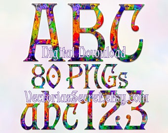 Vibrant Colours Alphabet, Spraypainted Font A-Z, numbers & punctuation (80 PNGs) cardmaking, invitations, posters, labels, junk journaling