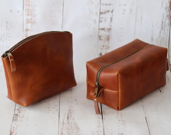 Personalized Leather Dopp Kit Make Up Bag Combo Gift for Him Gift for Her, Anniversary Gift Toiletry Bag, Groomsmen Gifts, Bridesmaid Gifts