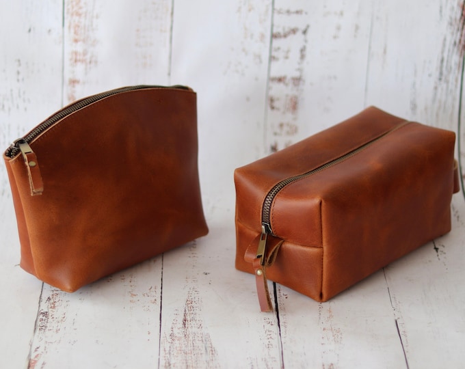 Personalized Leather Dopp Kit Make Up Bag Combo Gift for Him Gift for Her, Anniversary Gift Toiletry Bag, Groomsmen Gifts, Bridesmaid Gifts