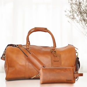 Duffle Bag Dopp Kit Luggage Tag Combo SET, Personalized Groomsmen Gift SET, 3rd Anniversary Gift Leather Toiletry Bag and Travel Bag for Him