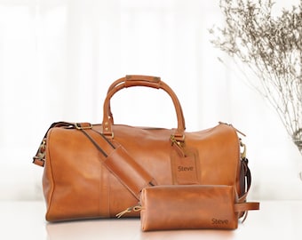 Duffle Bag Dopp Kit Luggage Tag Combo SET, Personalized Groomsmen Gift SET, 3rd Anniversary Gift Leather Toiletry Bag and Travel Bag for Him