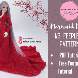 Puede incluir: Un patrón de costura para un vestido de sirena rojo para una muñeca a escala 1/3. El patrón incluye un tutorial en PDF y un tutorial gratuito de YouTube. El patrón es para una muñeca de 60 cm de altura.
