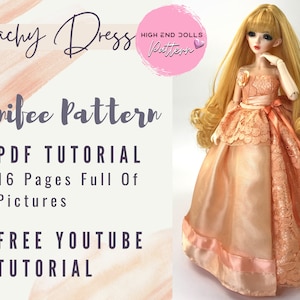 Peut inclure: Patron de robe Peachy Dress Mini-fee avec tutoriel PDF de 16 pages illustrées et un tutoriel YouTube gratuit. Le patron est pour une robe couleur pêche avec des détails en dentelle et un ruban de satin.