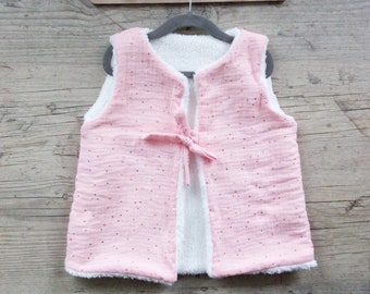 shepherd vest baby child in double gauze pink golden peas and synthetic fur