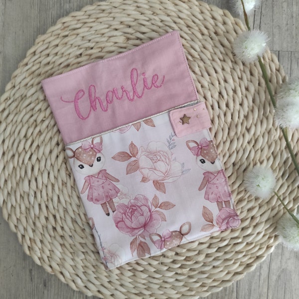 Protège carnet de santé en coton motif biches roses