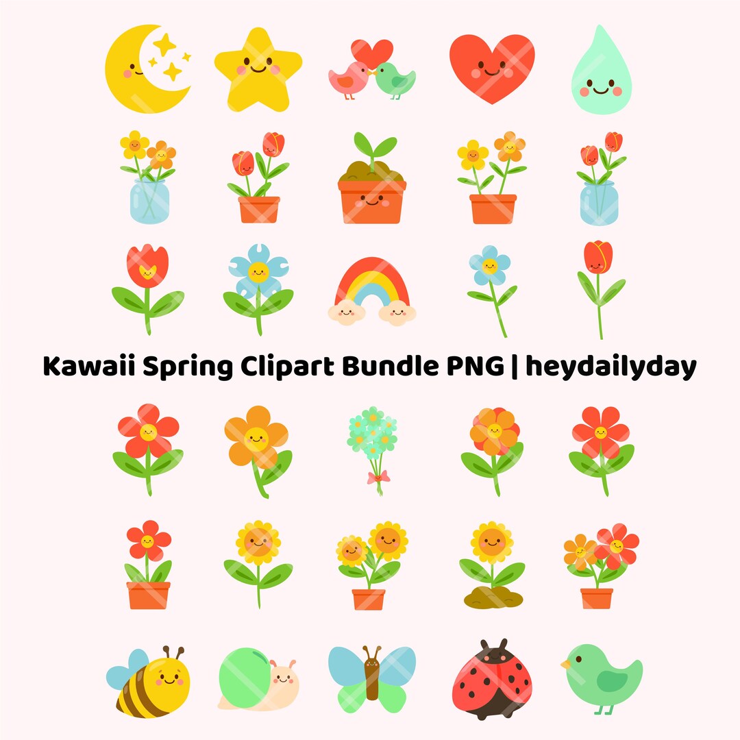 Kawaii Spring Clipart Bundle PNG, Cute Flowers Bee Butterfly Ladybug ...
