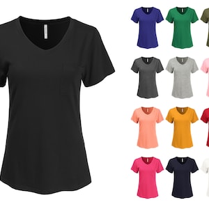 danibe Women's Short Sleeve V-Neck Loose Fit Tunic Top Shirt with Pocket (S-XXL)