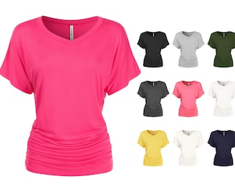 Women's Short Sleeve V-Neck Casual Dolman Top with Side Shirring (S-XXL)