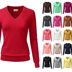 DANIBE Women's V-Neck Long Sleeve Soft Stretch Pullover Knit Top Sweater (S~XXL)