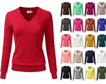 DANIBE Women's V-Neck Long Sleeve Soft Stretch Pullover Knit Top Sweater (S~XXL)