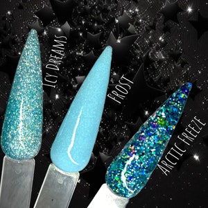 Blue-green trio- nail dip powder. Shimmer dip powder. Chromable nail dip. Dual purpose acrylic powder. DIY dip nails. Dip powder. Nails.