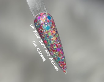 Up Your Butt and Around the Corner - multi glitter shimmer nail dip, glows white in the dark