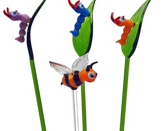 Pflanzenstecker aus Glas, Biene, Blatt mir Raupen, versch. Ausführungen