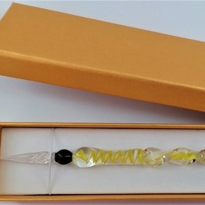 Glasfeder Tintenschreiber Glasschreiber im Geschenketui  H 7 / gelb - weiß