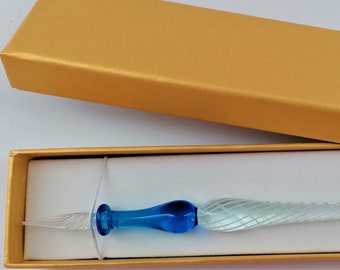 Glasfeder Tintenschreiber Glasfeder im Geschenketui  D 23 / hellblau/ weiß