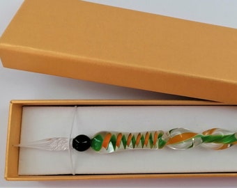 Glasfeder Tintenschreiber Glasschreiber im Geschenketui  H 3 / grün-gelb