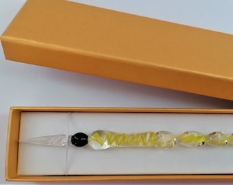 Glasfeder Tintenschreiber Glasschreiber im Geschenketui  H 7 / gelb - weiß