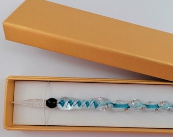 Glasfeder Tintenschreiber Glasschreiber im Geschenketui  H 6 / hellblau-weiß