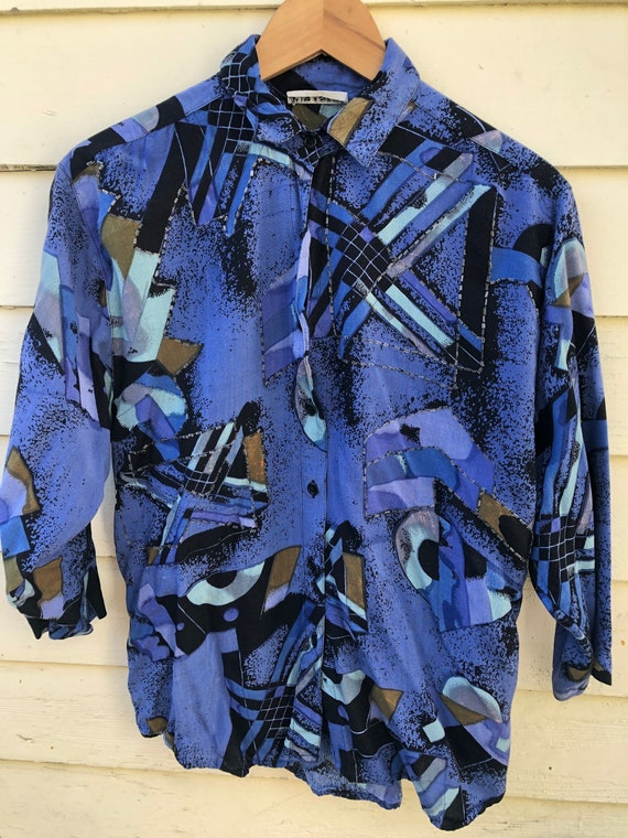 1980's Vintage abstract electric blue rayon shirt