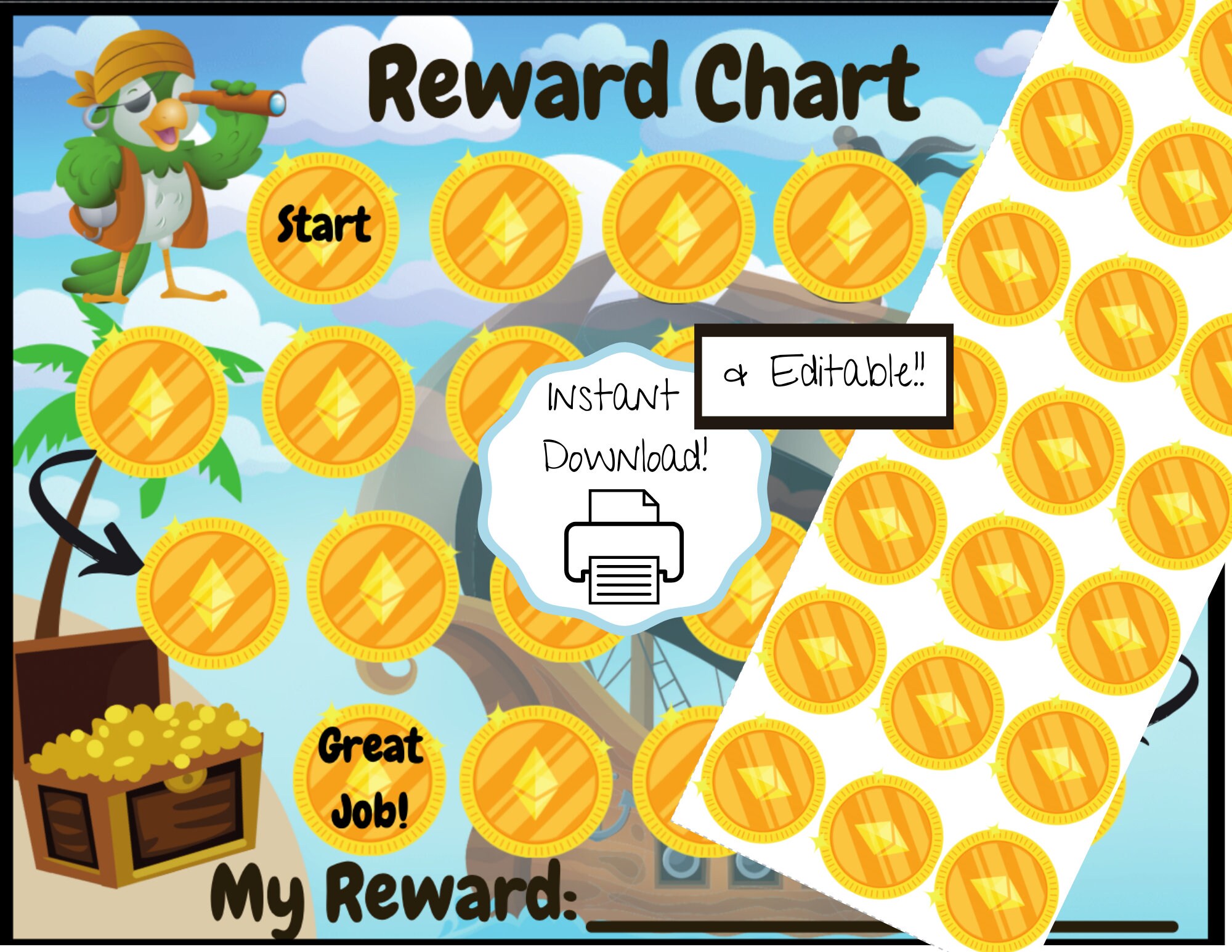 Treasure Hunt themed Reward Chart with gold coin cut-outs | Etsy
